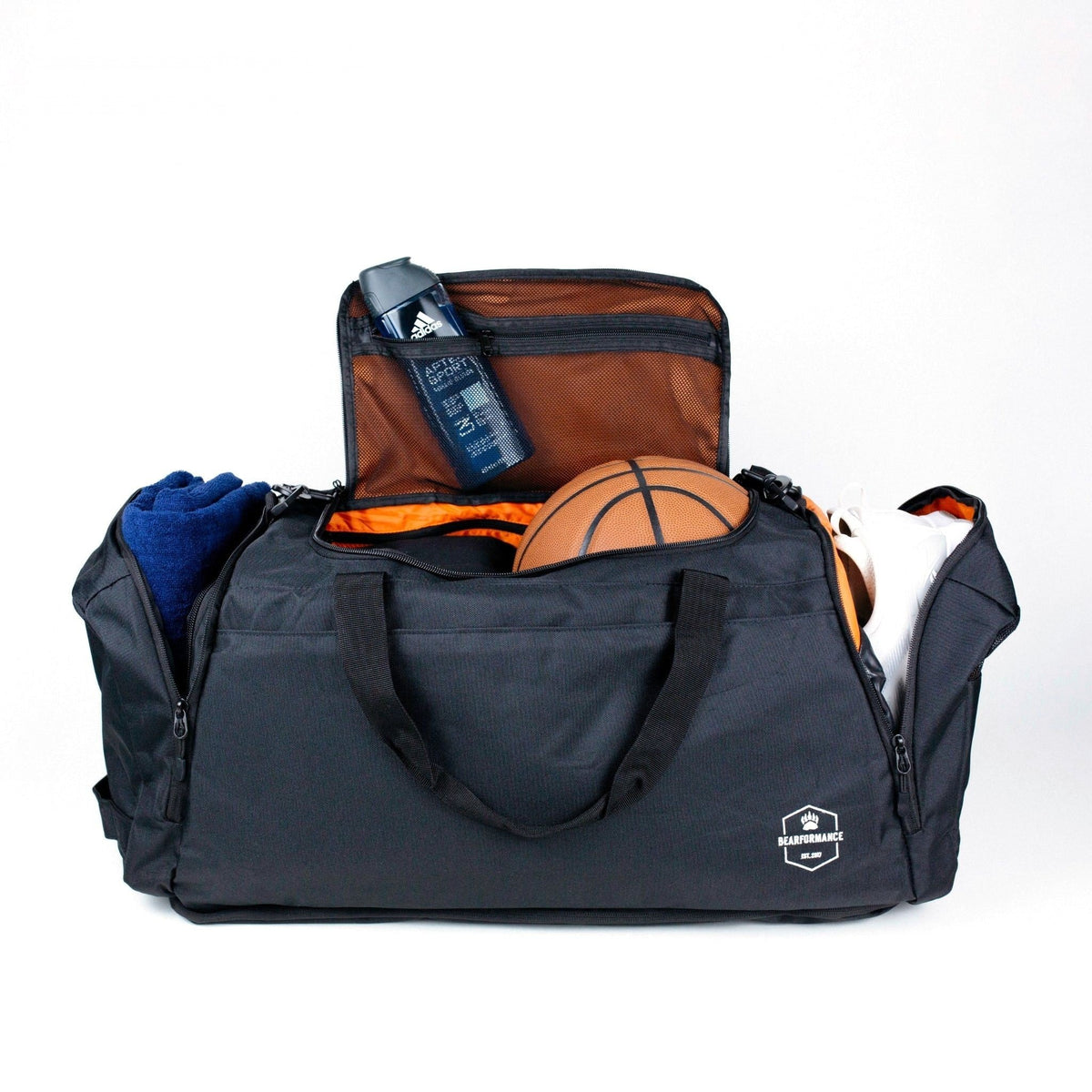 Ultimate Sportbag Größe L, gepackt mit Handtuch, Ball und Schuhen – 50 Liter