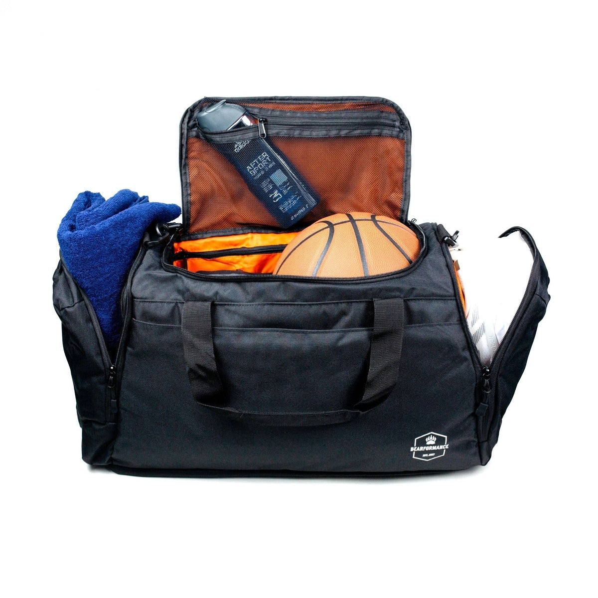 Ultimate Sportbag Größe M, gepackt mit Handtuch, Ball und Schuhen – 42 Liter