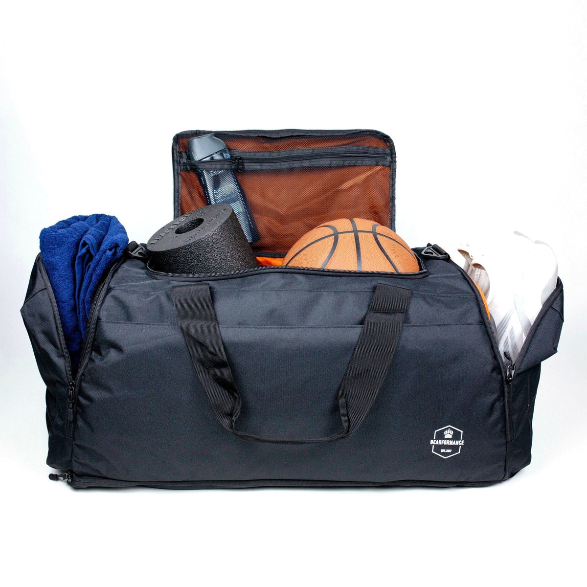 Ultimate Sportbag Größe XL, gepackt mit Faszienrolle, Ball, Handtuch und Schuhen – 70 Liter