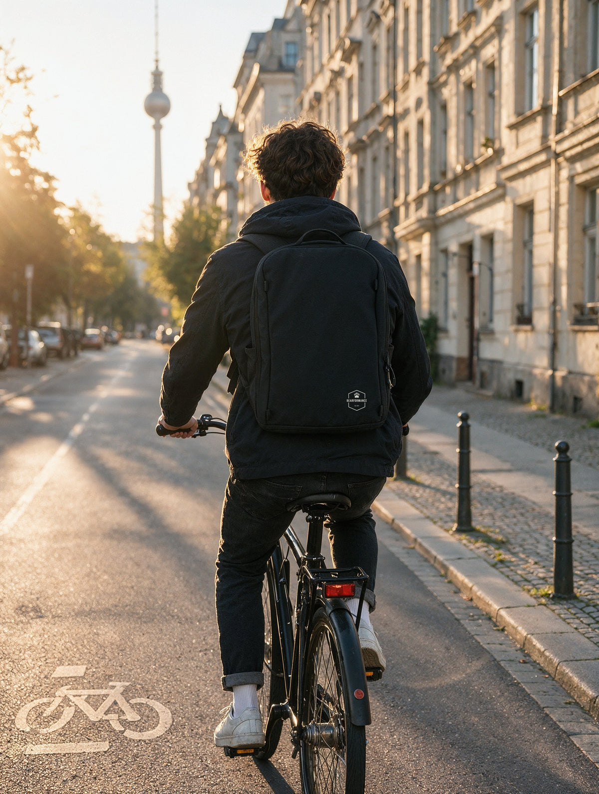 Mann fährt mit dem schwarzen Bearformance Ultimate Backpack auf dem Rücken Fahrrad durch eine Berliner Altbaustraße im Abendlicht, im Hintergrund der Fernsehturm