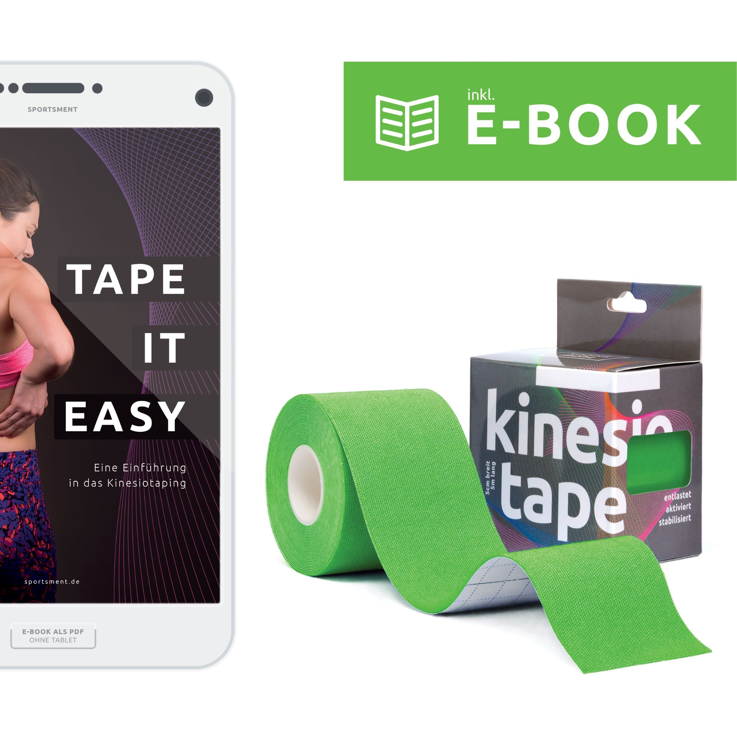 Sportsment Kinesiotape für Sport, Freizeit und Physiotherapie inkl. gratis E-Book (elastisch, hautverträglich, selbstklebend, belastbar, wasserfest) 5 cm x 5 m Kinesiology Tape - BEARFORMANCE